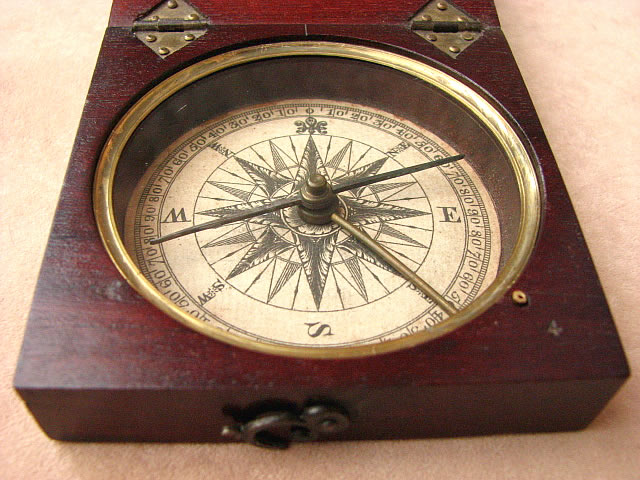 Close up view of compass dial & hand made hingesClose up view of compass dial & hand made hinges